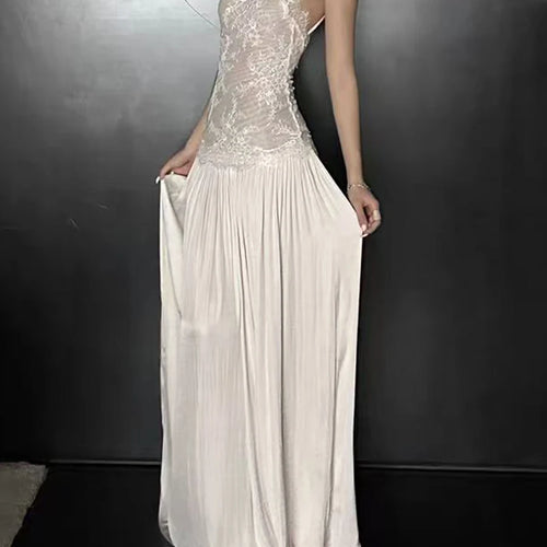 Solid Sheer Spliced Lace Minimalist Dresses for Women Halter Sleeveless Patchwork Folds Elegant Long Dress Female